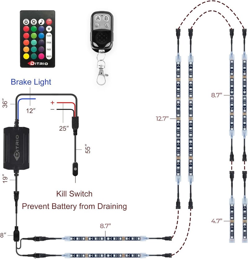 DITRIO 8PCS Underglow RGB LED Strip Light Kit DC 12V with 2 Red Blinking Brake Light Styles for Motorcycles Trikes Golf Carts ATVs UTVs – M8r - Image 5